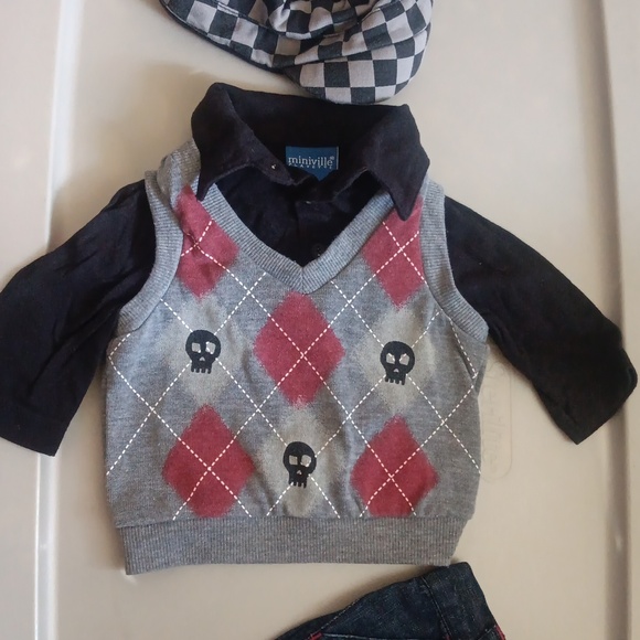 Miniville 3-piece fall outfit argyle skull print vest - Picture 2 of 4
